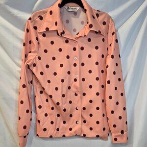 Vintage Devon Button-up Shirt 70's-80's Size Large Peach W/ Red Dots